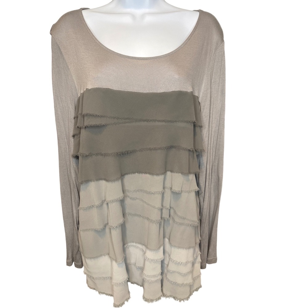 Chico's Womens Taupe Gray Ombre Tiered Ruffle Tunic Top Sz 3/XL Flowy Lagenlook